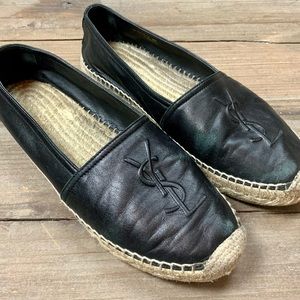 Saint Laurent YSL Black Leather Espadrille Slip-On Flats